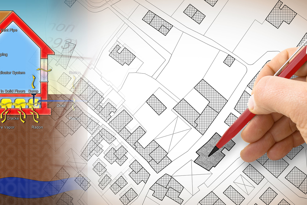 hand pointing on a map where radon remediation will be done after home inspection services are preformed